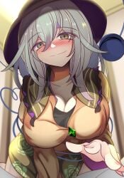 1girls big_breasts blush blush_lines breasts cleavage clothed_female green_eyes green_hair hat kna28064212 koishi_komeiji light-skinned_female smile third_eye touhou