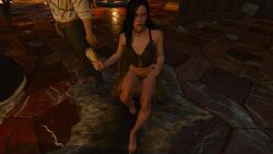 1boy 1girls 3d black_bra black_hair black_panties bra geralt_of_rivia panties screencap the_witcher_(series) the_witcher_3:_wild_hunt thefootcollector69 underwear yennefer