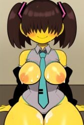 ai_generated arm_sleeves bangs bangs_over_eyes blush breasts_out cosplay costume cum_on_breasts cum_on_thighs curvy cyan_tie deltarune hairclip hatsune_miku_(cosplay) kris_(deltarune) kris_female_(deltarune) no_panties outfit pantsless pixai simple_background sitting smile smiling sweat sweating sweaty thick_thighs tie twintails up_close