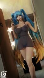 3d blue_hair breasts cigarette doorway dorm female female_only league_of_legends looking_at_viewer nipple_piercing otaviox6 pierced_nipples riot_games smoking solo_female sona_buvelle standing tits transparent_clothing