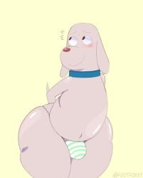 big_ass big_butt blue_collar dog_(robot_dreams) embarrassed femboy footfoxxy hyper_hips red_nose robot_dreams yellow_background