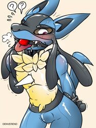 1boy 2017 ? anthro ball_gag blush bodysuit bondage bound bulge canine chest_spike clothed clothing denverend drooling furry gag gagged handcuffs heavy_breathing hi_res looking_down lucario male male_only mammal nintendo no_nipples open_mouth pink_eyes pokemon pokemon_(species) pokemon_dppt pokesuit red_eyes rubber saliva shackles simple_background skinsuit solo spikes standing sweat tail teeth text tight_clothing tongue tongue_out trembling video_games watermark