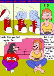 ?! anthro barefoot black_hair breasts canid cleavage clothed clothing comic comic_page controller debbie_dune dialogue disney duo english_text erection erection_under_clothing feet female furniture game_controller goof_troop hair kthanid_(artist) male male/female mammal max_goof orange_hair page_4 page_number shirt sofa tank_top text topwear