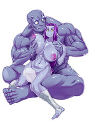 1boy ankle_wraps bald barefoot breast_grab breasts couple cute_fang dark-skinned_male dark_skin feet female grey_skin horns konakona large_breasts male male/female monster_boy monster_girl muscle navel nipples nude orc orc_male original penis pointy_ears purple_hair sitting_on_lap smile yellow_eyes