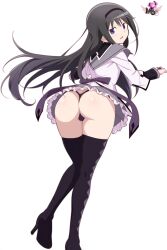 ai_generated akemi_homura artist_logo ass ass ass_focus big_ass big_butt black_hair bubble_ass bubble_butt butt_focus long_hair looking_back looking_back_at_viewer madoka_worship magical_girl magical_girl_outfit mahou_shoujo_madoka_magica puella_magi_madoka_magica purple_eyes ribbon round_ass round_butt skirt_lift straight_hair thong upskirt