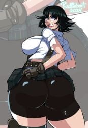 ass ass breasts devil_may_cry embarrassed fully_clothed lady_(devil_may_cry) looking_back nipple_bulge radlionheart shocked_expression sideboob upskirt