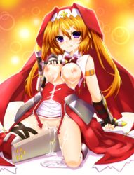 armband blush boots bow breasts breasts_out buckle chantez_arpinion cross faulds female fingerless_gloves gauntlets gloves grinding habit kneeling licking_lips long_hair looking_at_viewer lyrical_nanoha mahou_shoujo_lyrical_nanoha_vivid mizunashi_(second_run) nipples nun open_clothes orange_background orange_hair panties panties_around_leg purple_eyes pussy sexually_suggestive shiny shiny_hair skirt smile solo suggestive_fluid thigh_strap tonfa tongue tongue_out underwear weapon