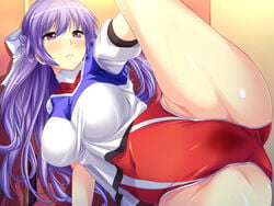 ass blush breasts embarrassed female highres large_breasts leg_up legs leotard long_hair looking_down marushin_(denwa0214) pink_eyes purple_hair shinjou_yukari solo supokon!_sports_wear_complex sweat thighs track_jacket tsuji_tatsuya wet