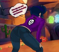 bibi_(brawl_stars) big_thighs black_hair black_pants brawl_stars butt butt_focus estilo_fresco focus focus_on_ass focus_on_pussy legs purple_jacket spanish_text tagme thighs tired