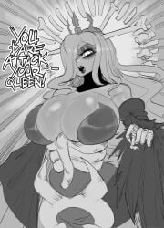 1girls big_breasts bone cleavage clothed crown english_text greyscale queen_nancy ribs skullgirl_(creature) skullgirls solo tillshitposting zombie_girl