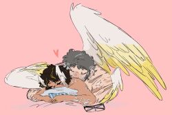 after_sex aftercare angel_wings dark-skinned_female feathered_wings feathers glasses_removed male nonsexual nonsexual_nudity oc ocxcanon older_couple shoulder_kiss stanford_pines wholesome