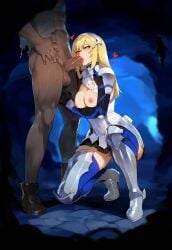 1boy 1girls ai_generated ais_wallenstein armor armored_boots armour blonde_hair blowjob cave danmachi ignisai medium_breasts tagme