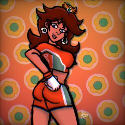 1girls ass daisy's_hot_stuff_(trend) female female_only mario_(series) mario_strikers mario_strikers_princess_daisy_side_view_redraw_(meme) meme orange_shorts princess_daisy screenshot_redraw super_mario_bros.