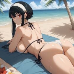 1girls ai_generated ass beach big_breasts breasts looking_at_viewer looking_back red_eyes short_hair solo spy_x_family squished_breasts thighs water