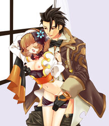 1boy alvin_(tales) belt black_hair blush braid breasts brown_eyes brown_hair closed_eyes coat female flower gloves hairband leia_rolando navel open_mouth panties pants scarf sex short_hair shorts tales_of_(series) tales_of_xillia tears window