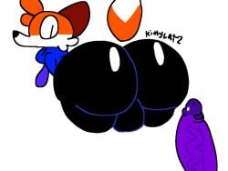 ass balls black_pants blue_jacket bob_(superiorfoxdafox) brown_ears bulge canine domestic_cat floating_tail fox huge_ass huge_cock huge_ears looking_at_penis looking_back mammal orange_body orange_fur orange_skin purple_penis soups_(superiorfox) white_body white_fur white_skin