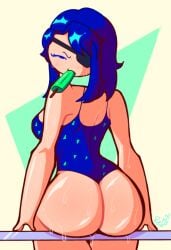 angry_face aoi_ryugoku ass big_ass big_butt blue_eyes blue_hair eyepatch one-piece_swimsuit one_eyed popsicle rinn_mayy swimsuit wet wet_ass wet_body wet_butt yandere_simulator