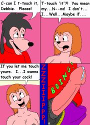 animal_genitalia anthro anthro_only black_body black_fur black_hair black_nose bodily_fluids breasts canid clothed clothing comic comic_page debbie_dune dialogue disney duo english_text female fur genital_fluids genitals goof_troop hair kthanid_(artist) male male/female mammal max_goof nipples nude open_mouth orange_hair page_8 page_number penis precum sheath text undressing