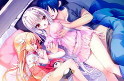 1boy 2girls bed blonde_hair blue_hair blush breast_grab breasts closed_eyes cuckquean erect_nipples flat_chest game_cg highres large_breasts legs long_hair mayoeru_futari_to_sekai_no_subete_love_heaven_300_percent multiple_girls on_side open_mouth pajamas panties pants_down pillow pink_eyes sex_next_to_sleeping_person sharing_bed silver_hair sleeping thighs underwear youta