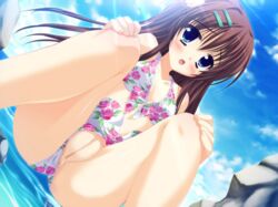 bikini blue_eyes dutch_angle female foreshortening frilled long_hair open_mouth outdoors pussy scan sky smile solo splashing squatting swimsuit top touno_haruna uncensored wading water wet