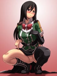 black_eyes black_hair black_legwear blush boots bowtie breasts censored chikuma_(kantai_collection) elbow_gloves feet female highres kantai_collection large_breasts legs long_hair looking_at_viewer mosaic_censoring no_panties pussy simple_background skirt solo squatting thighs