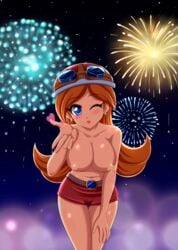 1girls areola blush breasts busty cleavage eyeliner fireworks large_breasts lipstick looking_at_viewer makeup mario_(series) mona_(warioware) navel nintendo nipples no_bra photoshop sigurdhosenfeld skirt topless voluptuous warioware wink