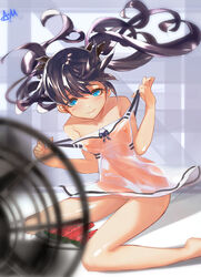 black_hair blue_eyes blurry blush breasts covered_navel depth_of_field dress electric_fan fate/stay_night fate_(series) female floating_hair food fruit hair_blowing hair_ribbon highres i.a.m.genesic long_hair looking_at_viewer nipples petite pussy ribbon see-through sitting small_breasts smile solo tohsaka_rin two_side_up wariza watermelon wind