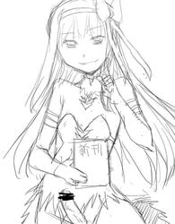 akemi_homura akuma_homura arm_gloves censored dress erection futanari hairbow intersex looking_at_viewer mahou_shoujo_madoka_magica shinama sketch smile