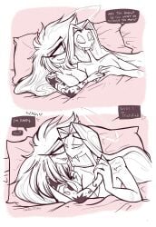 1boy 1boy1girl 1girls 2025 2d bedding blush blush_lines breasts checking_on_partner cherri_bomb cherri_bomb_(hazbin_hotel) color comic cyclops dialogue english english_dialogue english_text female freckles freckles_on_breasts freckles_on_face halo hazbin_hotel heart heart_symbol looking_at_another male nipples pillow sheets sir_pentious sir_pentious_(hazbin_hotel) snake squeezing talking_to_another text text_bubble twiggietime vivienne_medrano watermark wholesome