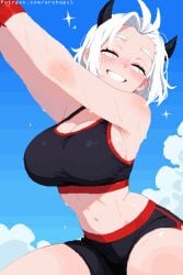 1girls 2d archapxl female helltaker horns justice_(helltaker) light_skin looking_at_viewer navel pixel_art sky smiling solo solo_female tagme white_eyes white_hair