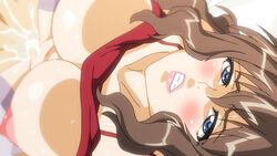 blue_eyes blush breasts clenched_teeth clothing cowgirl_position cum cum_in_pussy genkaku_cool_na_sensei_ga_aheboteochi! huge_breasts large_breasts lipstick mizuki_hazuki straddling thighhighs vaginal_penetration