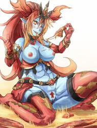 belt blue_skirt breasts censored directional_arrow eating elbow_gloves female food gloves gradient_hair headdress hera-ur_(p&d) hera_(p&d) long_hair looking_at_viewer multicolored_hair nipples one_eye_closed open_mouth orange_hair pepperoni pizza pointing ponytail pubic_hair pussy puzzle_&_dragons red_gloves red_hair red_legwear skirt smile solo star star-shaped_pupils symbol-shaped_pupils thighhighs tied_hair very_long_hair yohane