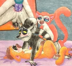 1boy 2girls all_hail_king_julien anal anal_sex anus balls bed blush clover_(madagascar) crimson_(madagascar) dreamworks furry furry_only king_julien madagascar_(series) pegging penis puku83 pussy strap-on strap-on_sex sweat sweating testicles