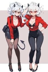 2d 2girls archapxl cleavage coffee female female_only fully_clothed heels helltaker horns light_skin looking_at_viewer malina_(helltaker) pandemonica_(helltaker) pixel_art red_eyes tagme tail white_hair