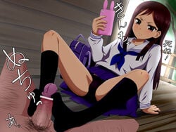 black_hair black_panties black_socks brown_eyes cellphone censored clothed_female_nude_male clothing female footjob frown hanasaku_iroha highres knee_socks kneehighs kneesocks long_hair mjn panties penis phone pubic_hair school_uniform serafuku socks solo_focus translated tsurugi_minko underwear