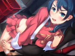 blue_eyes blue_hair blush breasts censored female game_cg handjob highres legs long_hair looking_at_viewer midriff mosaic_censoring naughty_face necktie open_mouth penis skirt small_breasts solo_focus standing suzuki_mei thighs unzipped urawaza_spectrum