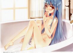 absurdres barefoot bathtub blue_hair blush collarbone curtains eating faucet feet female flat_chest food fruit highres ke-ta long_hair long_legs looking_at_viewer navel nipples nude open_mouth peach_(fruit) peeing red_eyes scan sitting_in_urine sitting_pee solo straw tenshi_hinanawi touhou urinating_female window