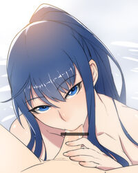 1boy :>= ban bar_censor bare_shoulders blue_eyes blue_hair censored collarbone cum cum_in_mouth fellatio female grisaia_no_kajitsu grisaia_no_meikyuu highres kusakabe_asako looking_at_viewer nude oral penis ponytail pov saliva shiny shiny_hair solo_focus tied_hair water