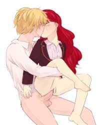 1boy blonde_hair bottomless breakfastb female human jaune_arc kissing male partially_clothed pussy pyrrha_nikos red_hair rwby straight vaginal_insertion vaginal_penetration