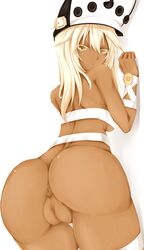 against_wall anus beltbra blonde_hair bottomless breasts censored dark-skinned_female dark_skin female guilty_gear guilty_gear_xrd highres innie_pussy long_hair looking_back mosaic_censoring pov_ass pussy ramlethal_valentine snm_(sunimi) solo thigh_gap thigh_strap underboob