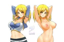 areolae arms_behind_head blonde_hair blush breasts duo fairy_tail female female_only happy large_breasts looking_at_viewer lucy_heartfilia nipples scaverle_(mao) sideboob standing stretch weyy yellow_eyes