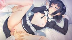 1boy apron barefoot bed_sheet bishoujo_mangekyou black_eyes black_hair blush bottomless breasts clothing dorothy_(bishoujo_mangekyou) feet female flower game_cg hair_flower hair_ornament hairband happoubi_jin lying nipples on_back open_mouth puffy_sleeves pussy pussy_juice short_hair solo spread_legs toes unbuttoned uncensored waist_apron