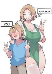 1boy 1girls age_difference blonde_female blonde_hair blonde_hair_female blonde_male breasts different_size female huge_breasts incest larger_female male milf mommy moomoodairy mother mother_and_son naked naked_female naked_male nude nude_female nude_male older_female peace_sign pubic_hair pubic_hair_in_mouth short_hair short_hair_female short_hair_male size_difference smaller_male son stockings taller_girl yellow_hair younger_male your_mom