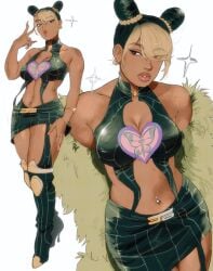 1girls african_american belly_piercing black black_female black_girl cosplay costume crossover female giganticbuddha jojo's_bizarre_adventure jolyne_kujo jolyne_kujo_(cosplay) megan_thee_stallion real_person solo sparkles stone_ocean tomboy