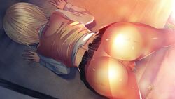 against_wall anus ass back bent_over blonde_hair censored female from_behind game_cg highres legs minamihama_yoriko mosaic_censoring no_panties pussy pussy_juice school_uniform short_hair shoujo_activity skirt skirt_lift solo sweat thighs wet