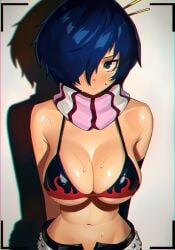 1girl ai_generated arms_behind_back belt bikini bikini_top_only black_bikini black_shorts blue_eyes blue_hair blush breasts cleavage cosplay cowboy_shot elfgens flame_print genderswap genderswap_(mtf) hair_ornament hair_over_one_eye hair_stick large_breasts looking_at_viewer navel persona persona_3 pink_scarf scarf self_upload shadow short_hair short_shorts shorts simple_background solo striped striped_scarf studded_belt sweat swimsuit tengen_toppa_gurren_lagann viewfinder white_background yoko_littner yoko_littner_(cosplay) yuuki_makoto_(persona_3)