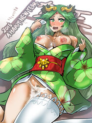 2015 alcohol areolae blue_eyes blush boris_(noborhys) breasts choko_(cup) cum cum_on_breasts drunk female forehead_jewel green_eyes green_hair japanese_clothes jewelry kid_icarus kid_icarus_uprising kimono large_breasts long_hair nengajou new_year nintendo nipples open_mouth palutena pussy sake single_thighhigh smile solo super_smash_bros. thighhighs tiara very_long_hair white_legwear