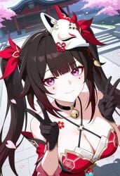 ai_generated bare_shoulders bell black_choker black_gloves black_hair black_sash breasts brown_hair cherry_blossoms choker cleavage closed_mouth criss-cross_halter detached_sleeves double_v dress female flower_tattoo fox_mask gloves halterneck honkai_(series) jingle_bell large_breasts long_hair looking_at_viewer makeup mask mask_on_head neck_bell o-ring outdoors pink_eyes red_dress shadowrealmarts smile solo sparkle_(honkai:_star_rail) tattoo twintails uncensored upper_body v
