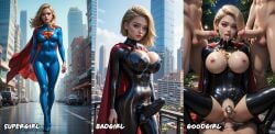 ai_generated anal breasts chastity_cage cowgirl_position cum cum_on_body futanari group_sex huge_breasts intersex lacrinar latex penis small_penis supergirl