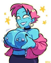 1girls anthro areolae big_breasts blue_body breasts breasts_out busty ear_piercing earrings edalv female female_only fish_girl flashing flashing_breasts huge_breasts jacket large_breasts nipple_piercing nipples piercing pink_hair png punch_punch_forever! smile solo thick_thighs wide_hips